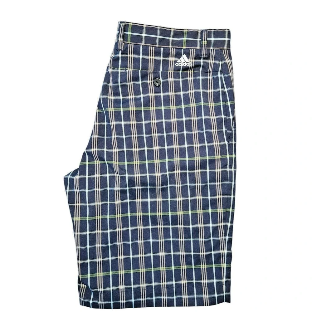 Adidas Golf Shorts‎ Mens 34 Navy Blue Plaid Performance Flat Front Stretchy
